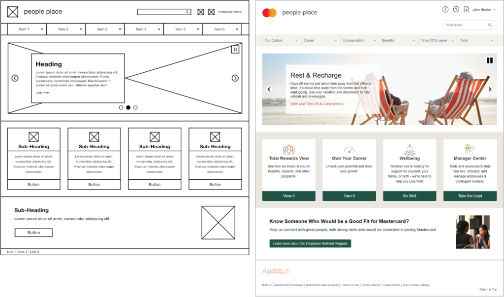 Home page wireframe and production page, side-by-side
