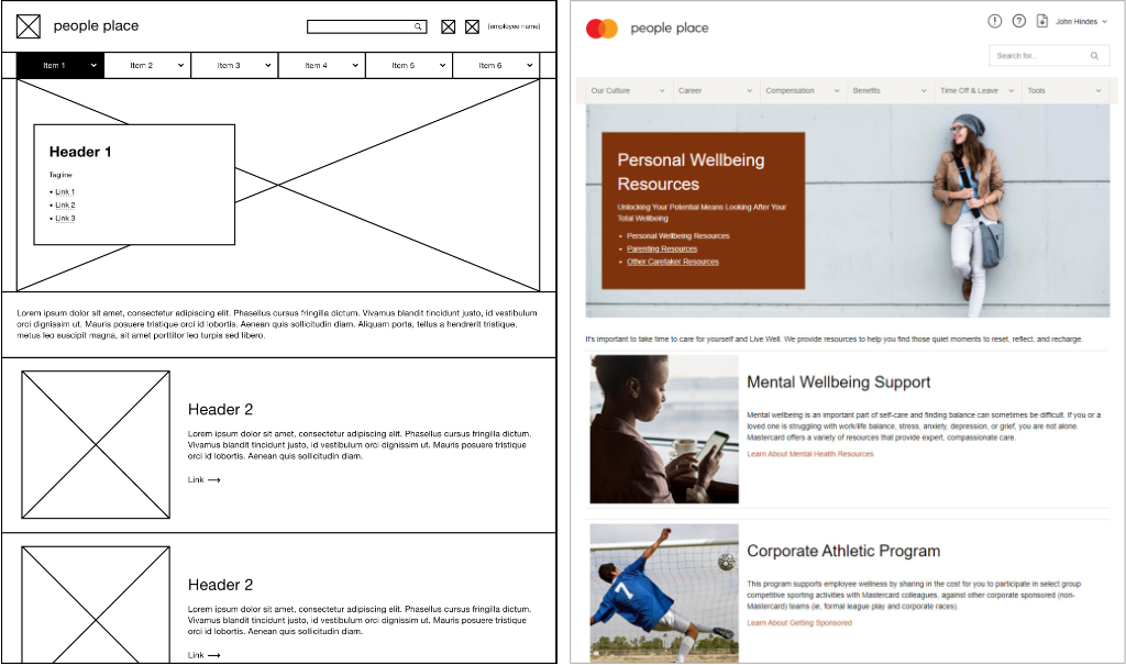 Landing page wireframe and production page, side-by-side