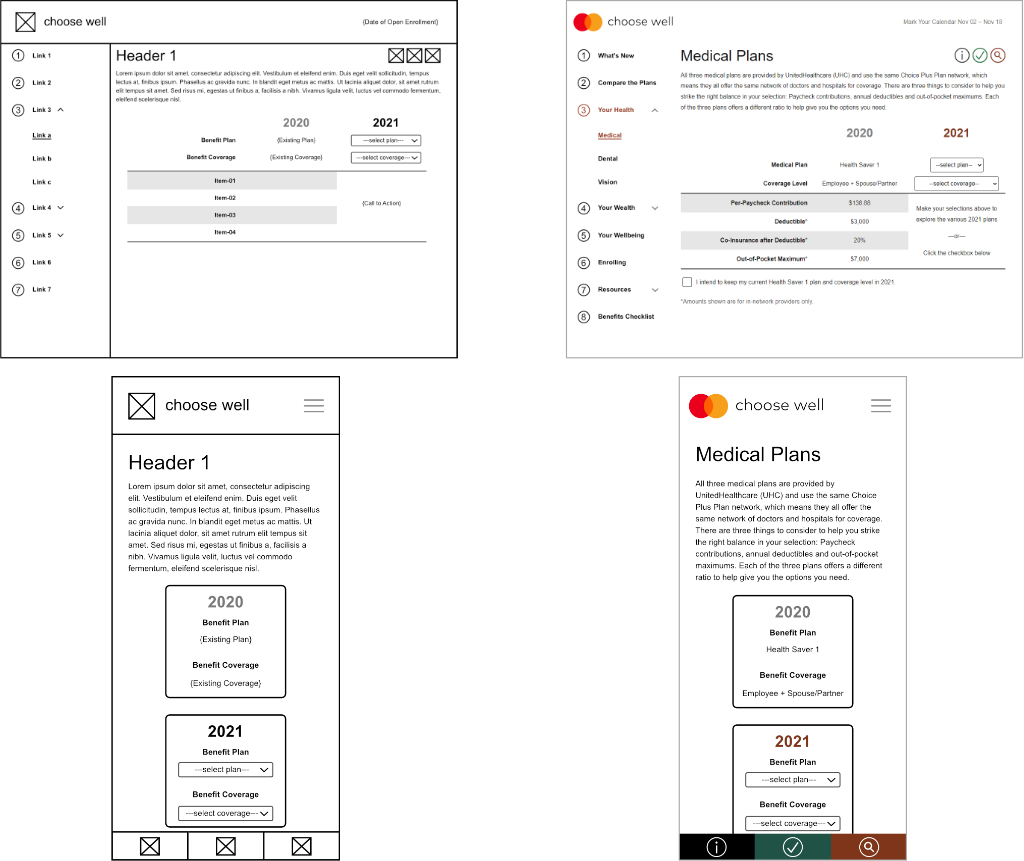 Medical Plans wireframe and production page, side-by-side