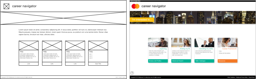 Home page wireframe and production page, side-by-side